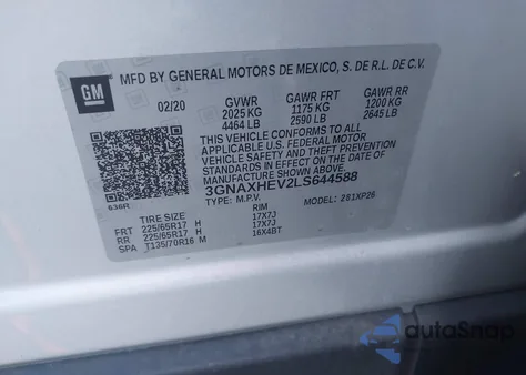 2020 Chevrolet Equinox Fwd Ls z USA, uszkodzony, nr VIN 3GNAXHEV2LS644588